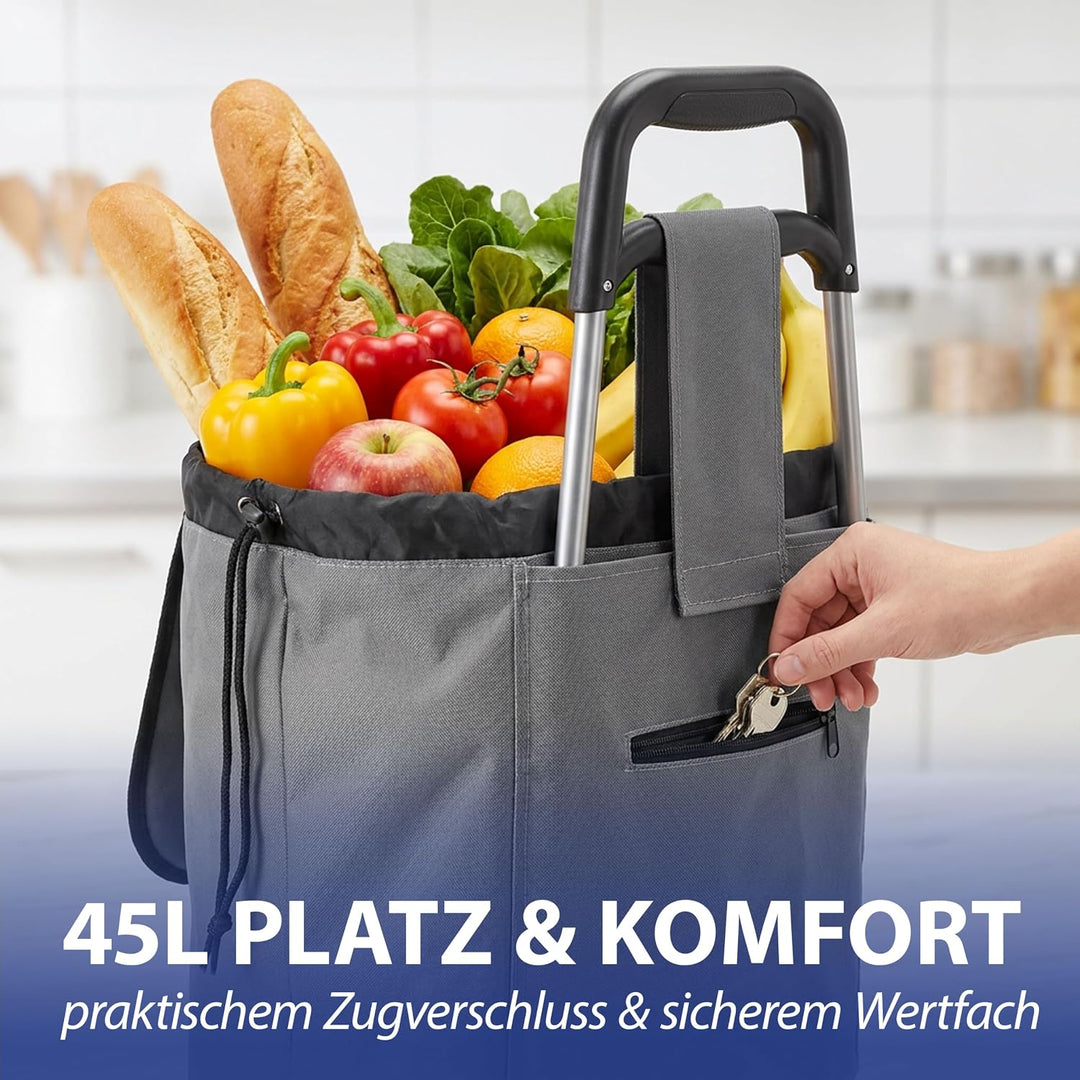 Einkaufstrolley grau | Volumen 45L 40x92x20cm Polyester Metallgestell | Einkaufswagen auf Rollen | R