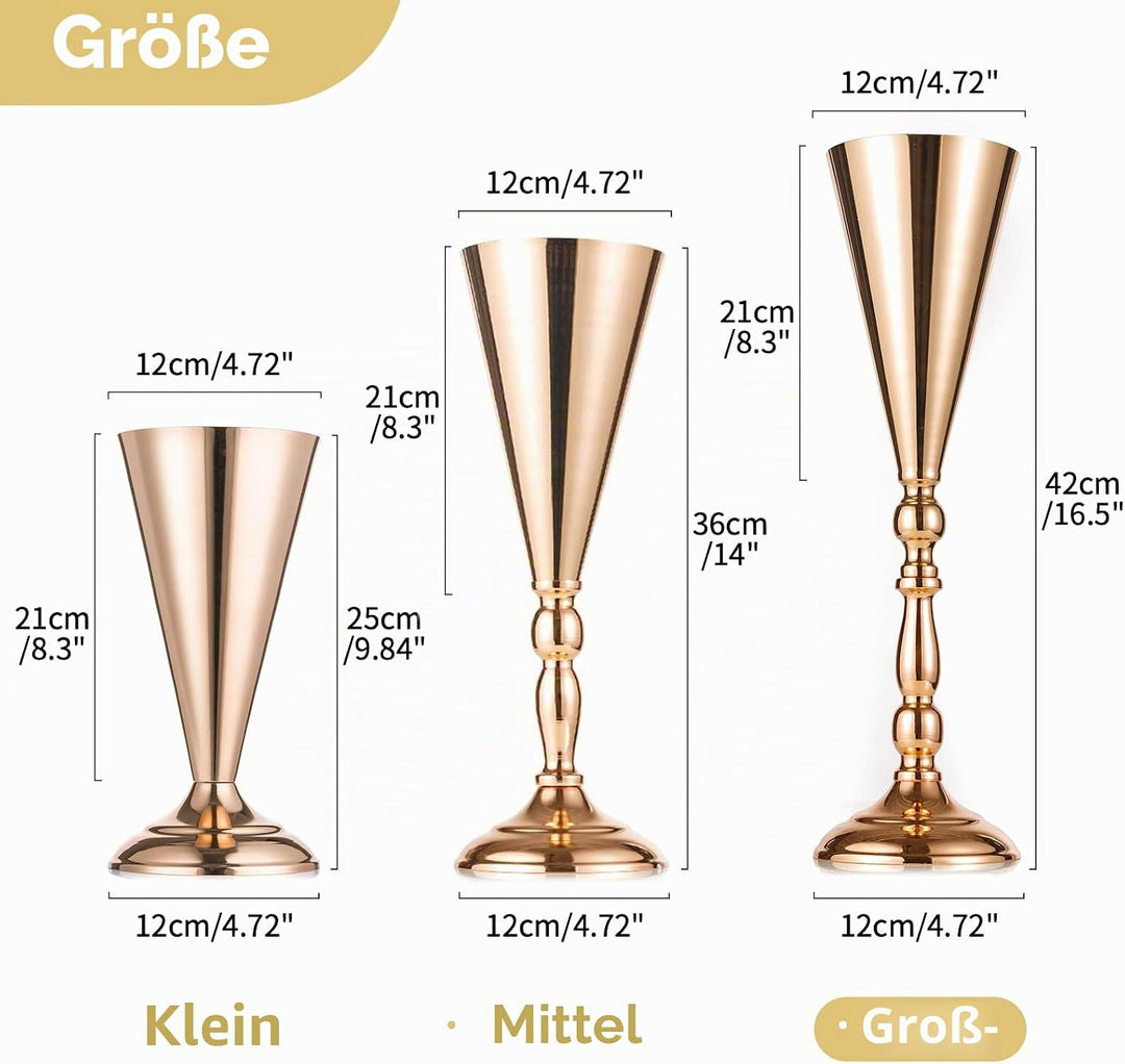 NUPTIO Gold Vase für Hochzeit Tischdeko: 2 Stück 42cm Hohe Blume Trompete Vasen Metall Tische Mittel