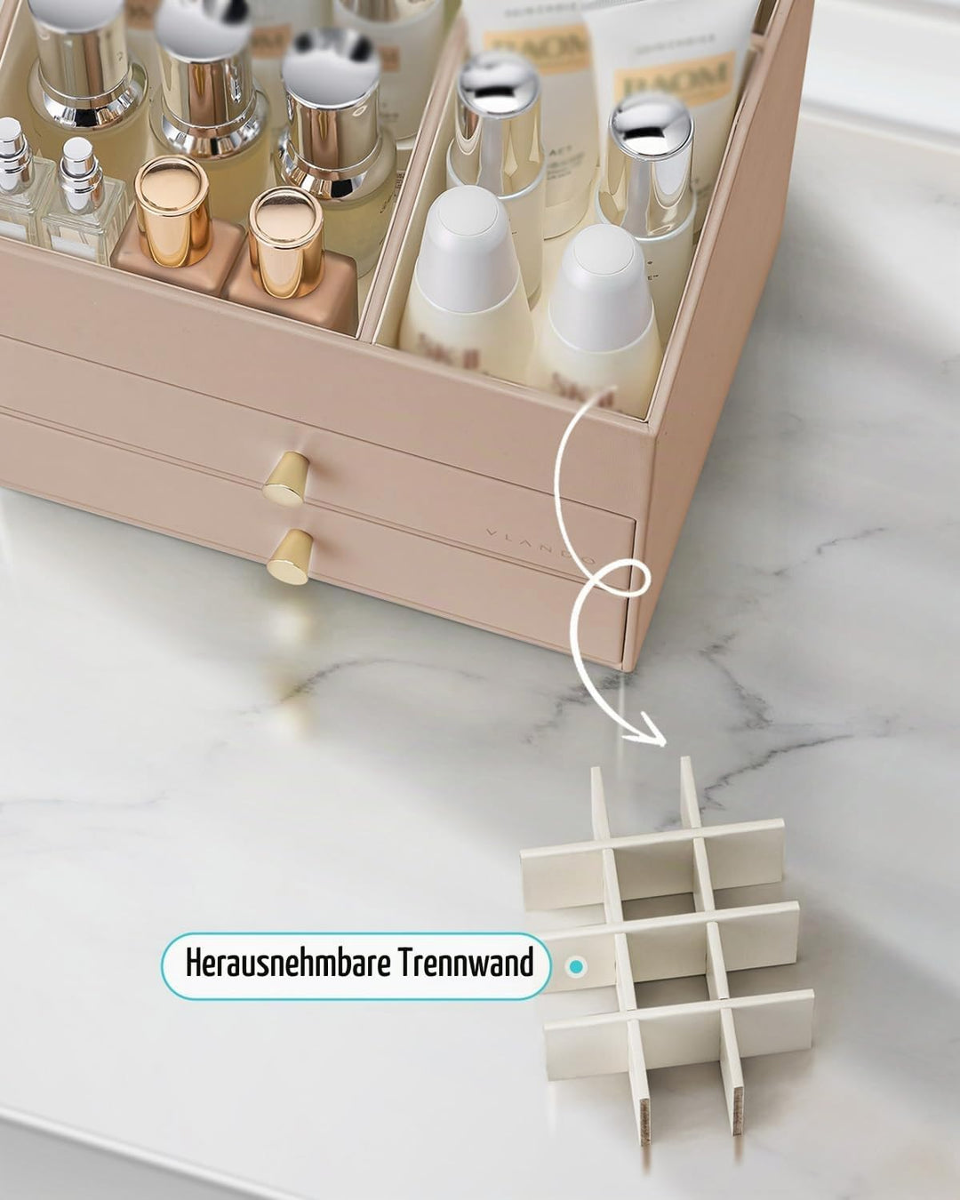 VLANDO Make up Organizer mit 3 Schubladen, Schminktisch Kosmetik Skincare Parfüm Organizer, für Bade