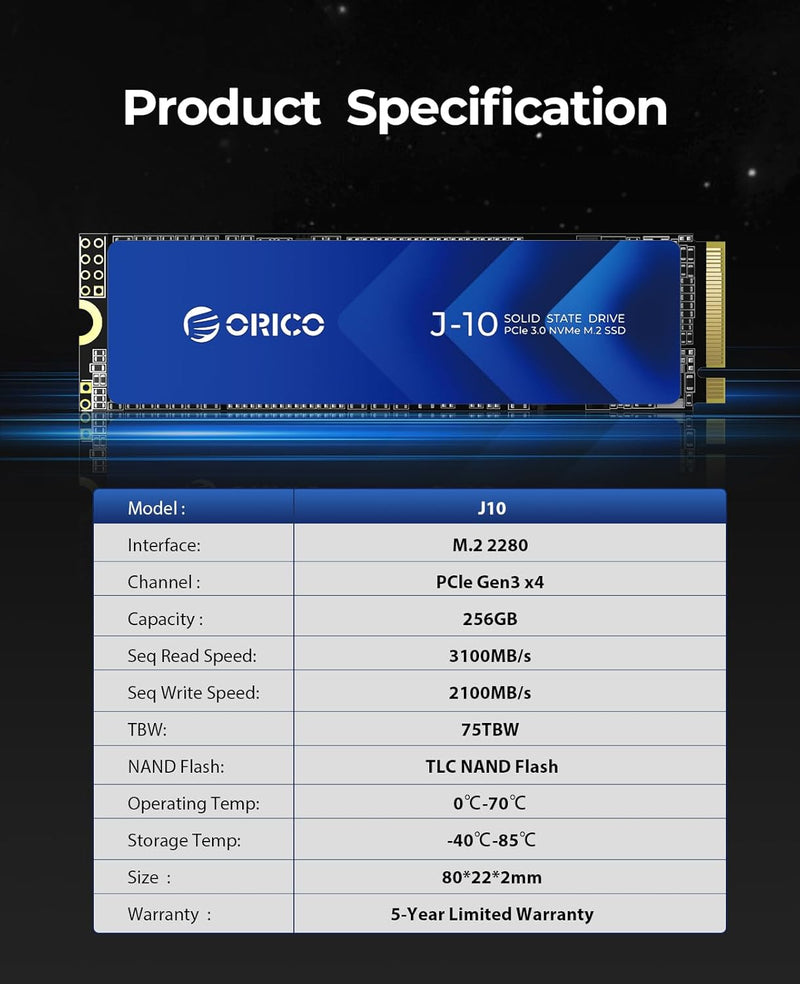 ORICO NVMe SSD M.2 512G PCIe Gen3.0x4 2280, 3D NAND Interne SSD mit Kühlkörper, bis zu 3100 MB/s,Int