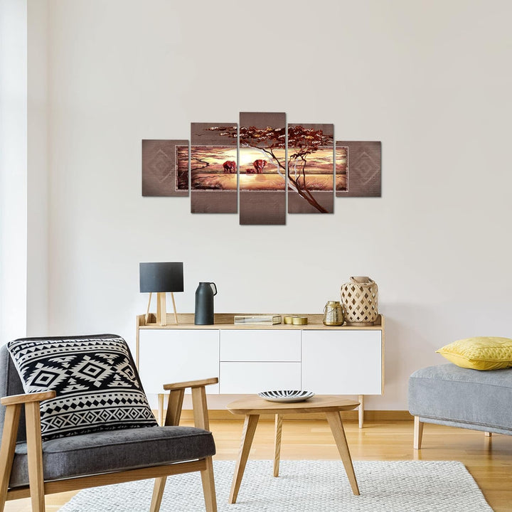 Runa Art Wandbilder Afrika Elefant 5 Teilig Bild auf Vlies Leinwand Deko Wohnzimmer Schlafzimmer Sav