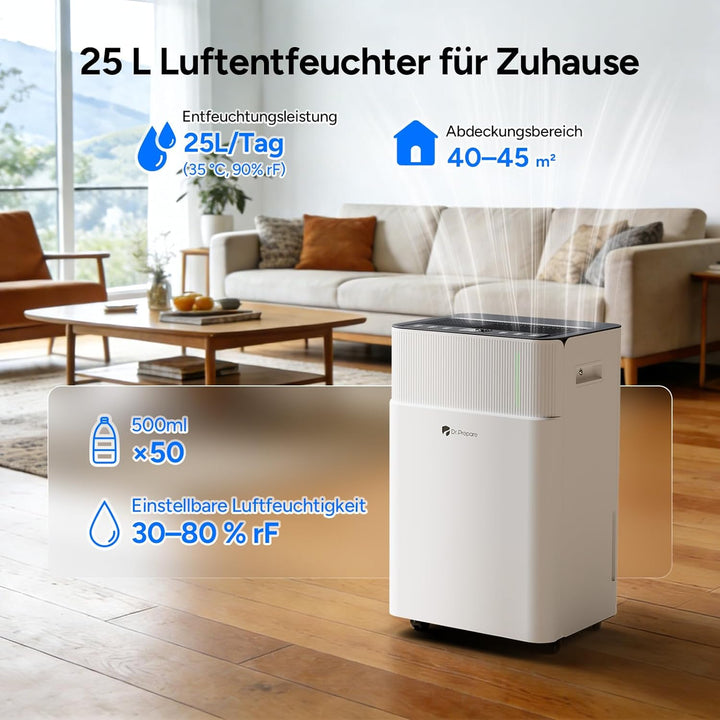 DR.PREPARE Luftentfeuchter Elektrisch 25L, Entfeuchter für Keller Wäschetrocknung, 4.5L Tank, 3 Modi