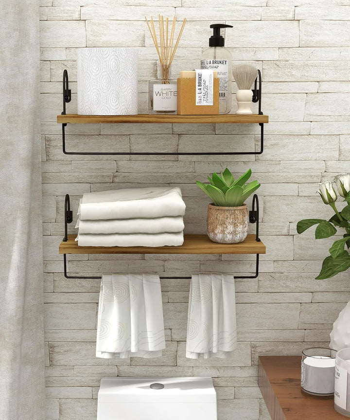 Petrala Holz Wandregal Kaffeebar Küchenregal Schweberegale 2er Set, Wandboard mit Handtuchhalter Hak