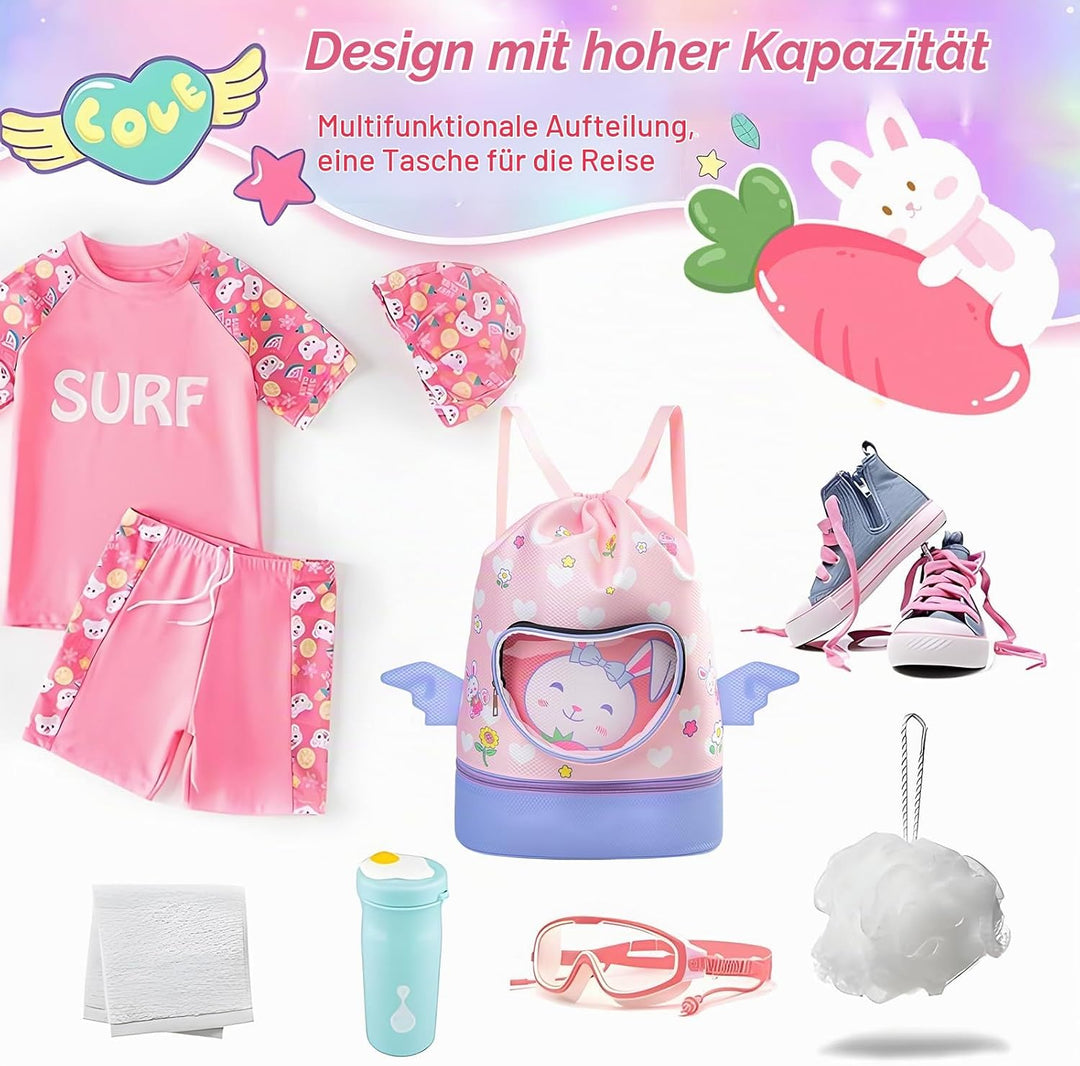 Schwimmrucksack Wasserdicht Kinder, Strandrucksack mit Trennung Schuhfach, Schwimmtasche Kinder mit