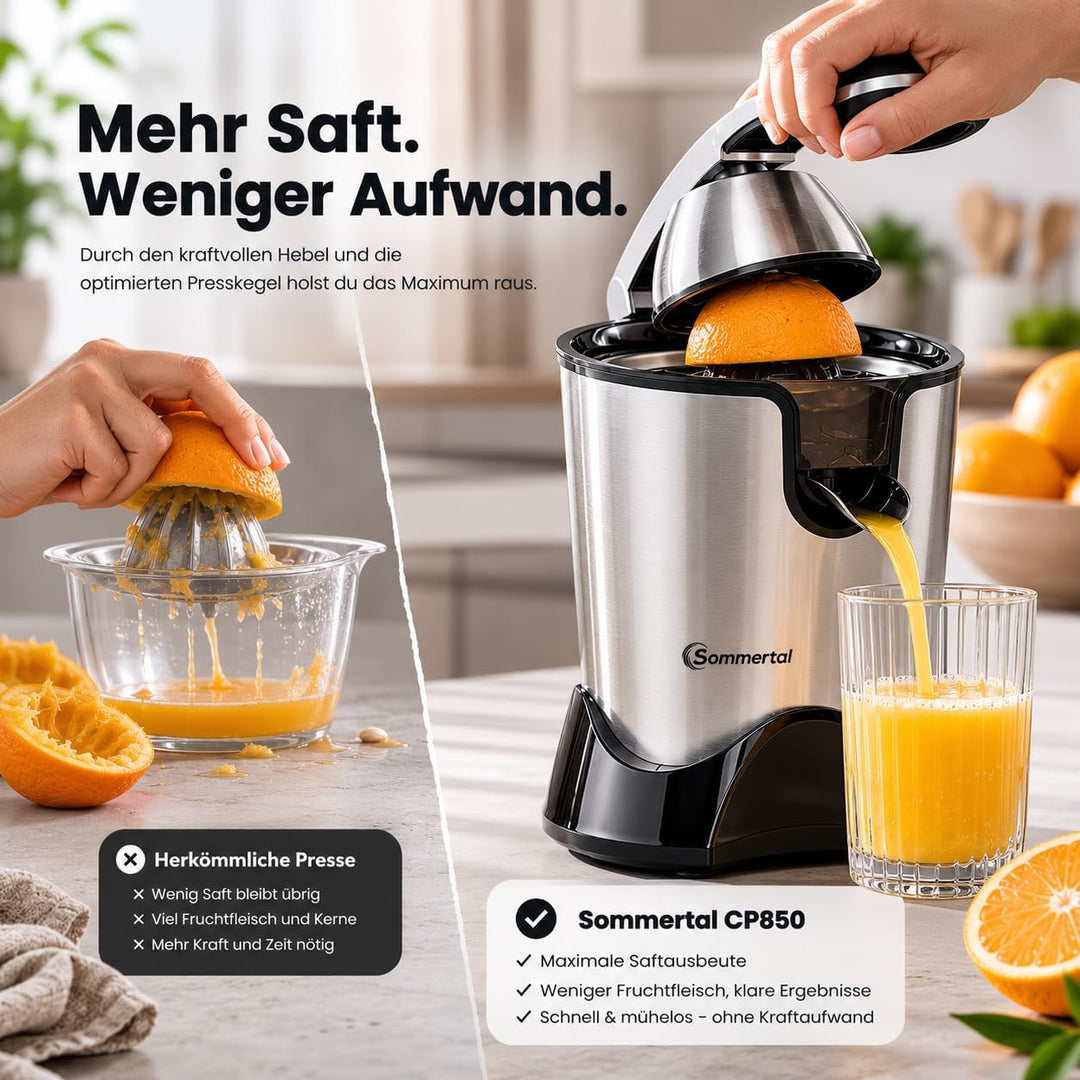 Sommertal Saftpresse CP850 mit starkem 850W Motor, elektrische Orangenpresse inkl. 2 Presskegel, man