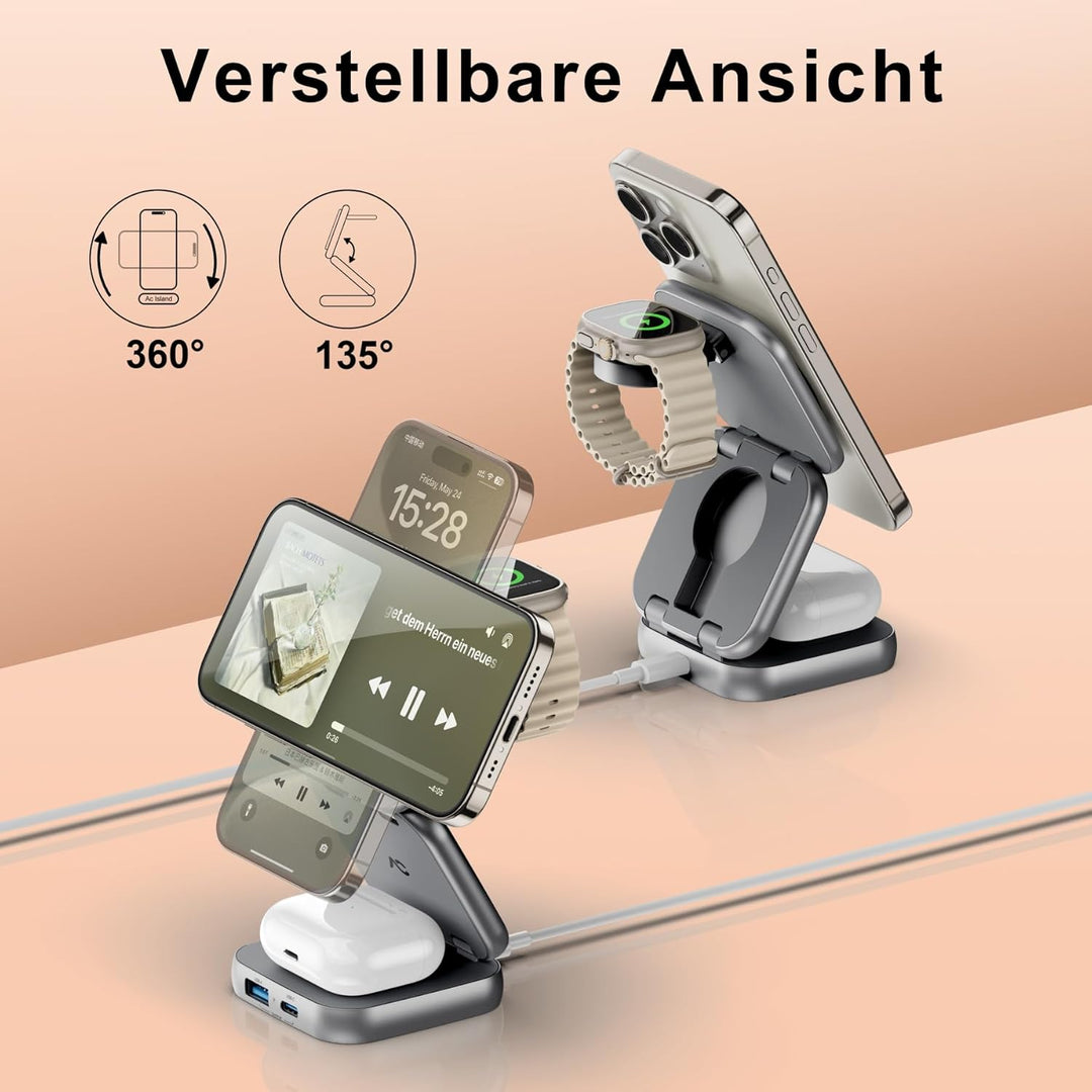 AC Island 5 in 1 iPhone Ladestation kompatibel mit Mag-Safe Ladegerät, Faltbar Reisen Wireless Charg