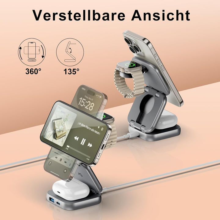 AC Island 5 in 1 iPhone Ladestation kompatibel mit Mag-Safe Ladegerät, Faltbar Reisen Wireless Charg