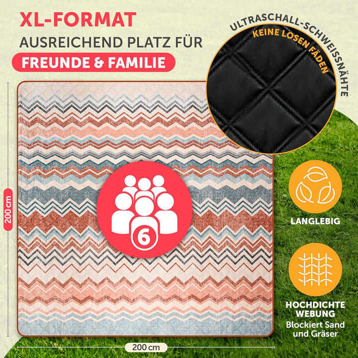 Blumtal Premium Picknickdecke wasserabweisend 200x200 cm Boho & Terrazzo Design - waschbare Strandde