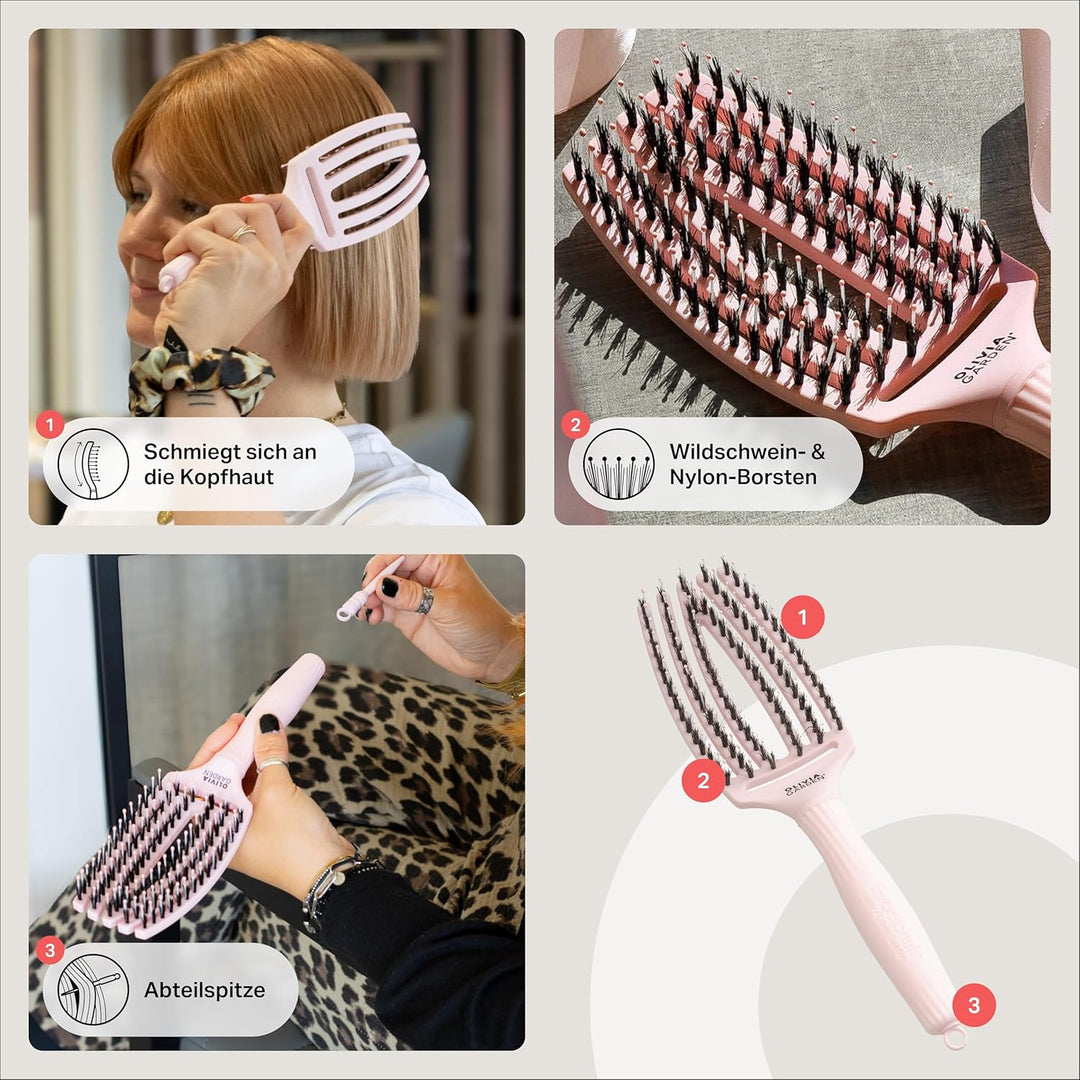 Olivia Garden Fingerbrush Care Iconic - Medium - Pastellrosa - Entwirrende Haarbürste mit Wildschwei