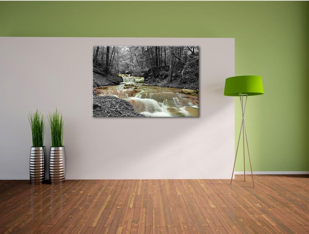 Pixxprint Waldbach im Herbst als Leinwandbild/Grösse: 100x70 cm/Wandbild/Kunstdruck/fertig bespannt,