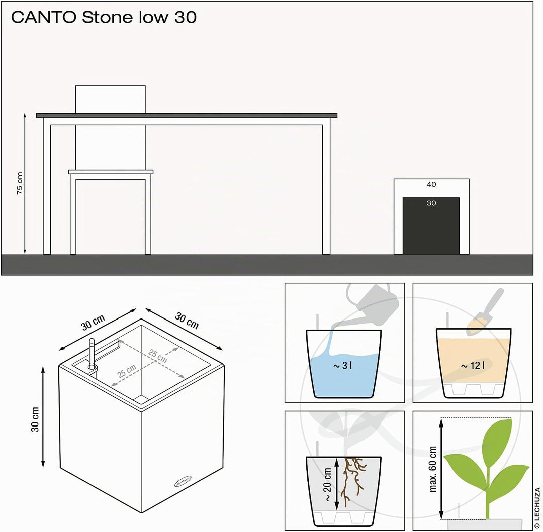 Lechuza Canto Stone 30 Low Komplettset quarzweiss 30x30x30 cm Quarzweiss, 30x30x30 cm Quarzweiss