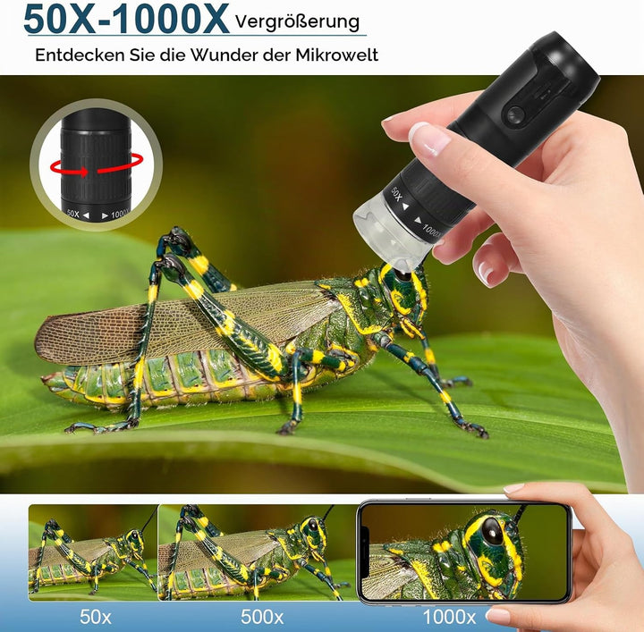 WiFi Digitales Mikroskop, 50X bis 1000X Kabellose Handmikroskop, 1920P USB Handy Digitales Mikroskop