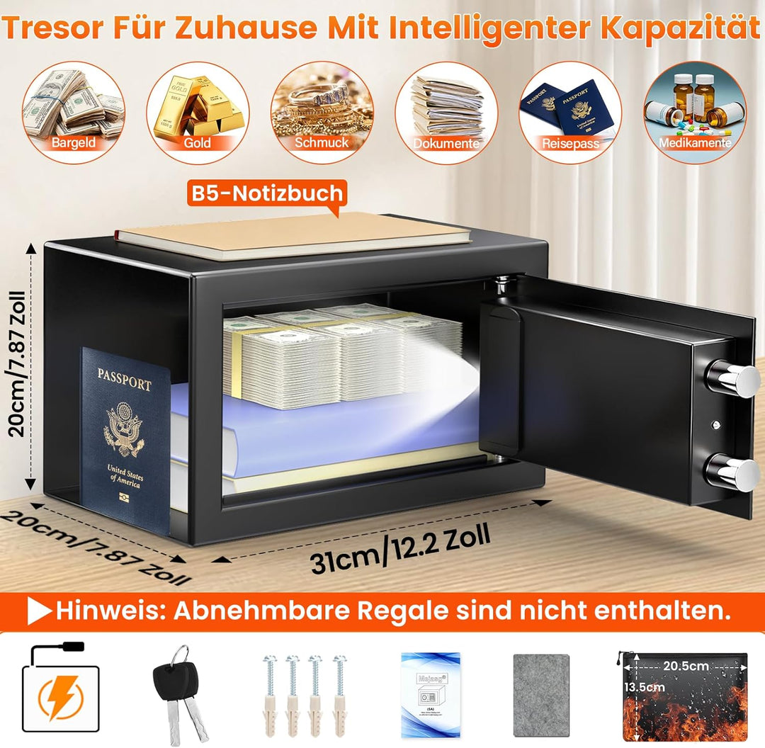 Safe Tresor für Zuhause mit Feuerfester Tasche, 12.4L Digitaler Tresor Klein mit USB-C-Anschluss, Al