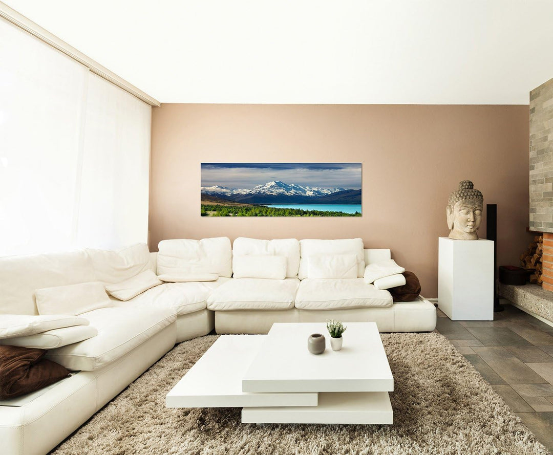 Paul Sinus Art Panoramabild auf Leinwand und Keilrahmen 150x50cm Neuseeland See Gebirge Schnee Wald