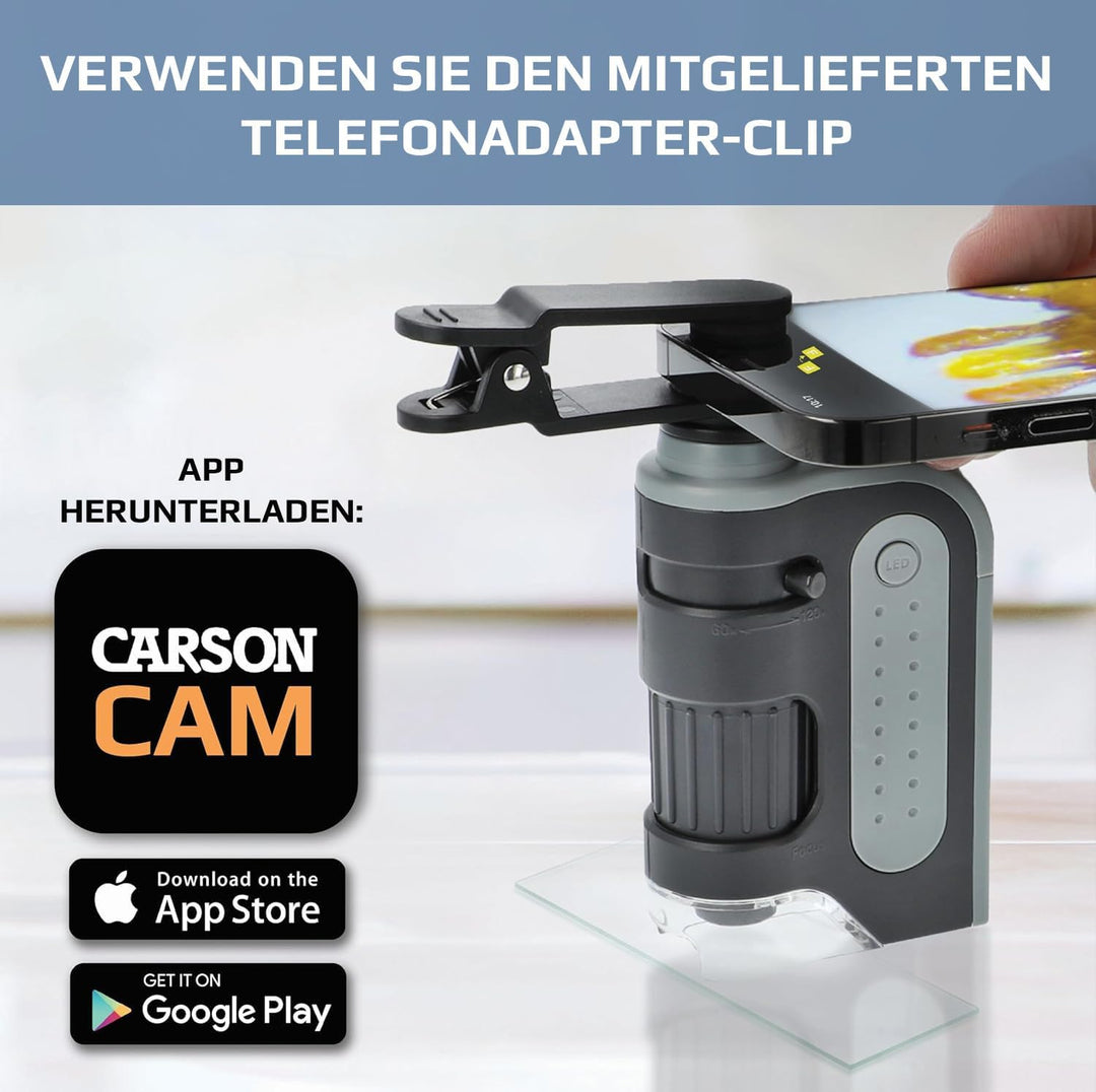 Carson MicroBrite Pro 60x-120x LED Taschenmikroskop mit asphärischem Linsensystem und Smartphone-Ada