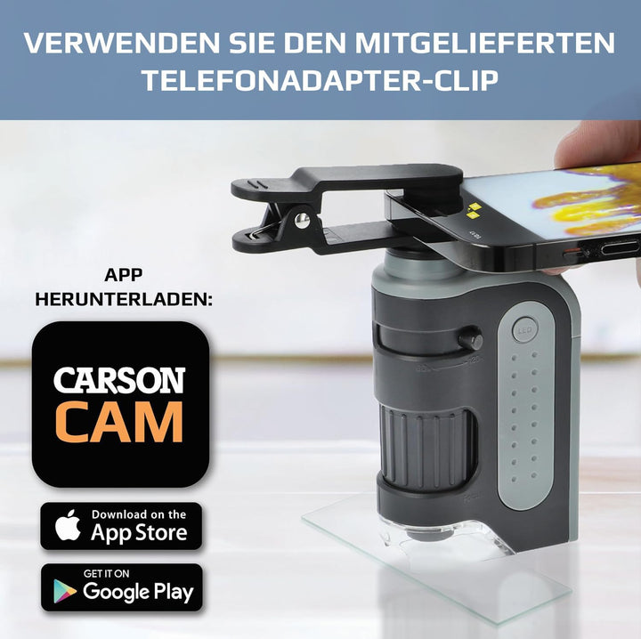 Carson MicroBrite Pro 60x-120x LED Taschenmikroskop mit asphärischem Linsensystem und Smartphone-Ada