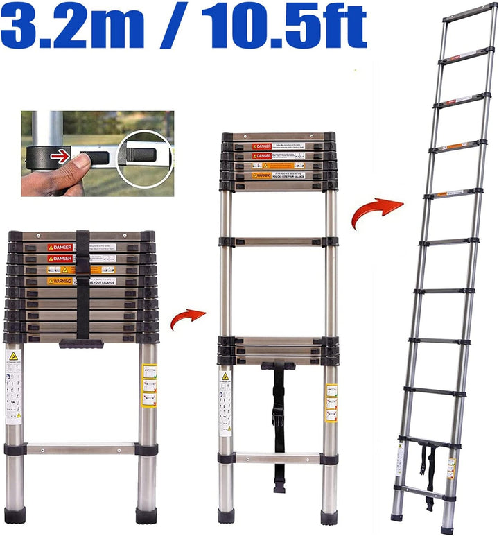 Teleskopleiter Klappleiter 3,2m AntiRutsch Mehrzweckleiter Ausziehbar Soft-Close, Edelstahl Tragbare