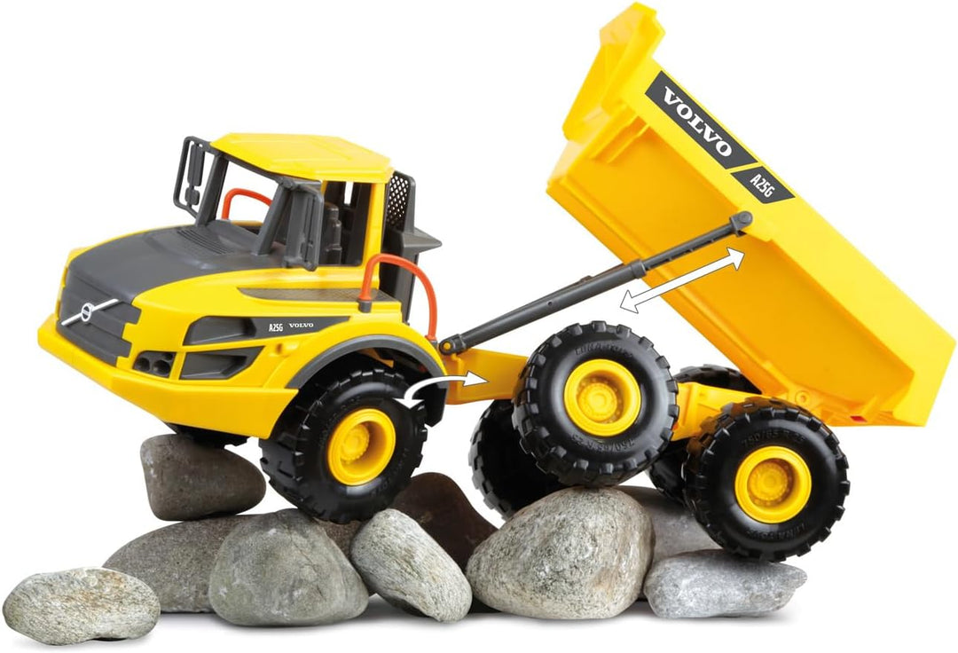 Lena 4616 Worxx Knickgelenkkipper Volvo A25G, Kipplaster aus ABS Kunststoff mit Reifen und Stahlachs