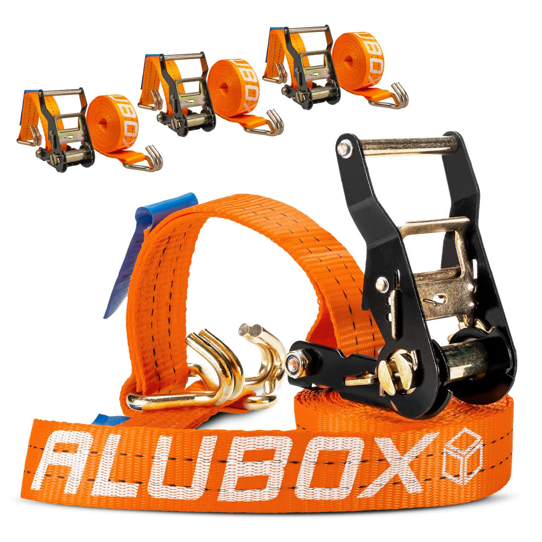 Alubox Spanngurt mit Ratsche und J-Haken 38mm breit orange Belastbarkeit 1000kg Ratschengurt TÜV G/S
