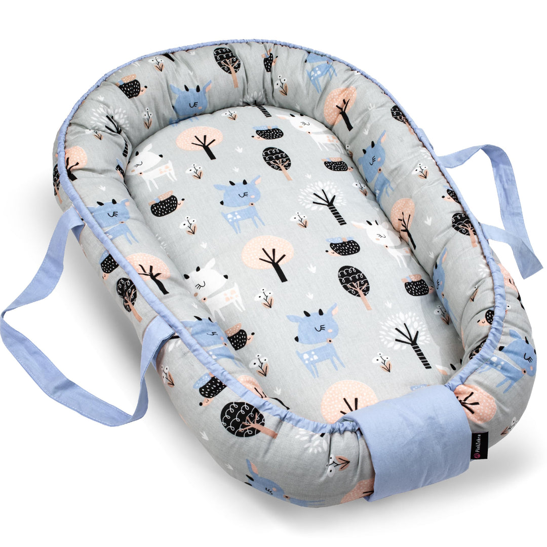 PinkZebra Tragetasche,2 in 1 Tragetasche, Tragenest Kokon aus Baumwolle, Bambi Blau, Bambi Blau