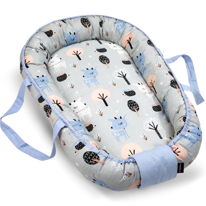 PinkZebra Tragetasche,2 in 1 Tragetasche, Tragenest Kokon aus Baumwolle, Bambi Blau, Bambi Blau