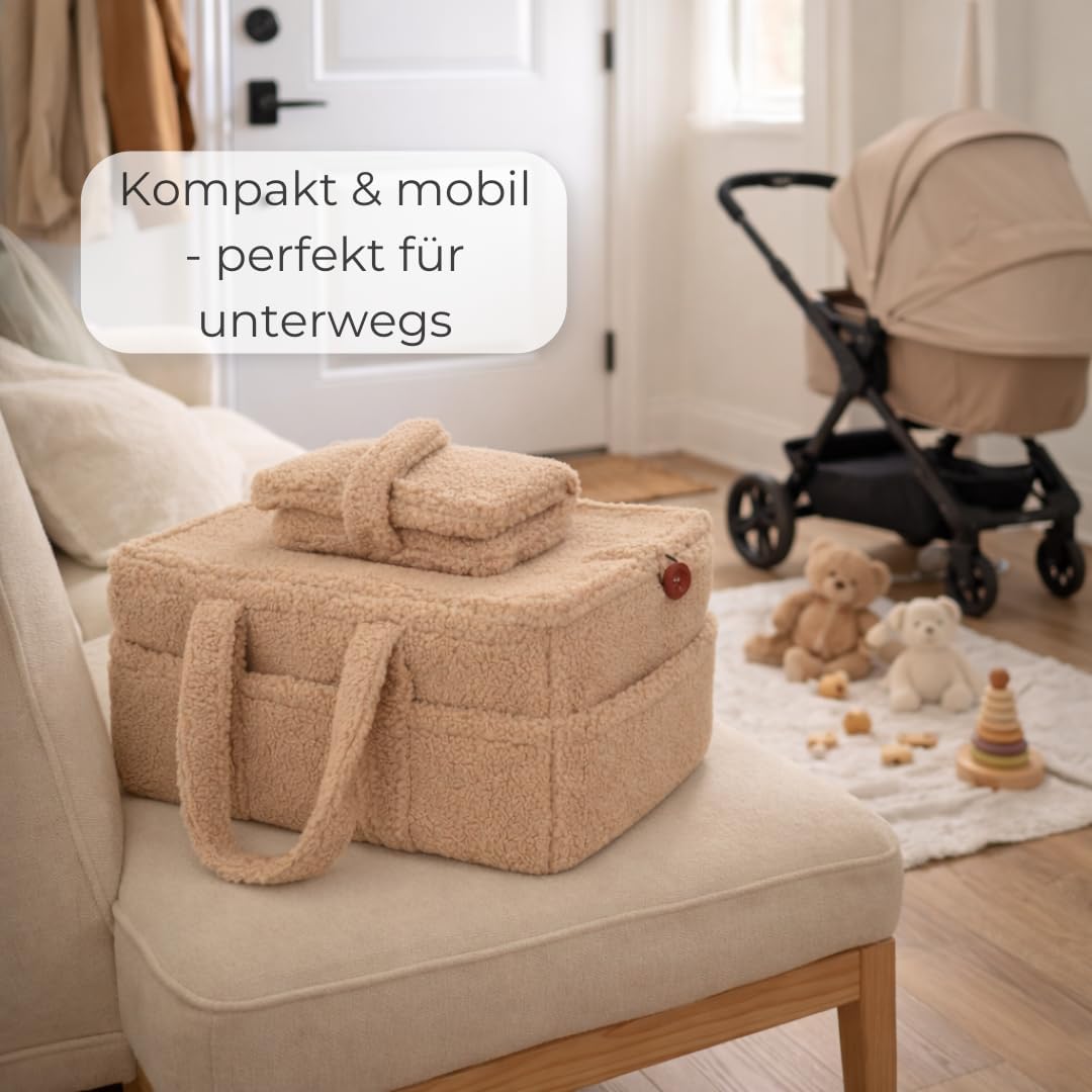 TALIDA Wickelkorb Teddy Set - Wickelorganizer mit Zubehörtasche – Aufbewahrungskorb für Feuchttücher
