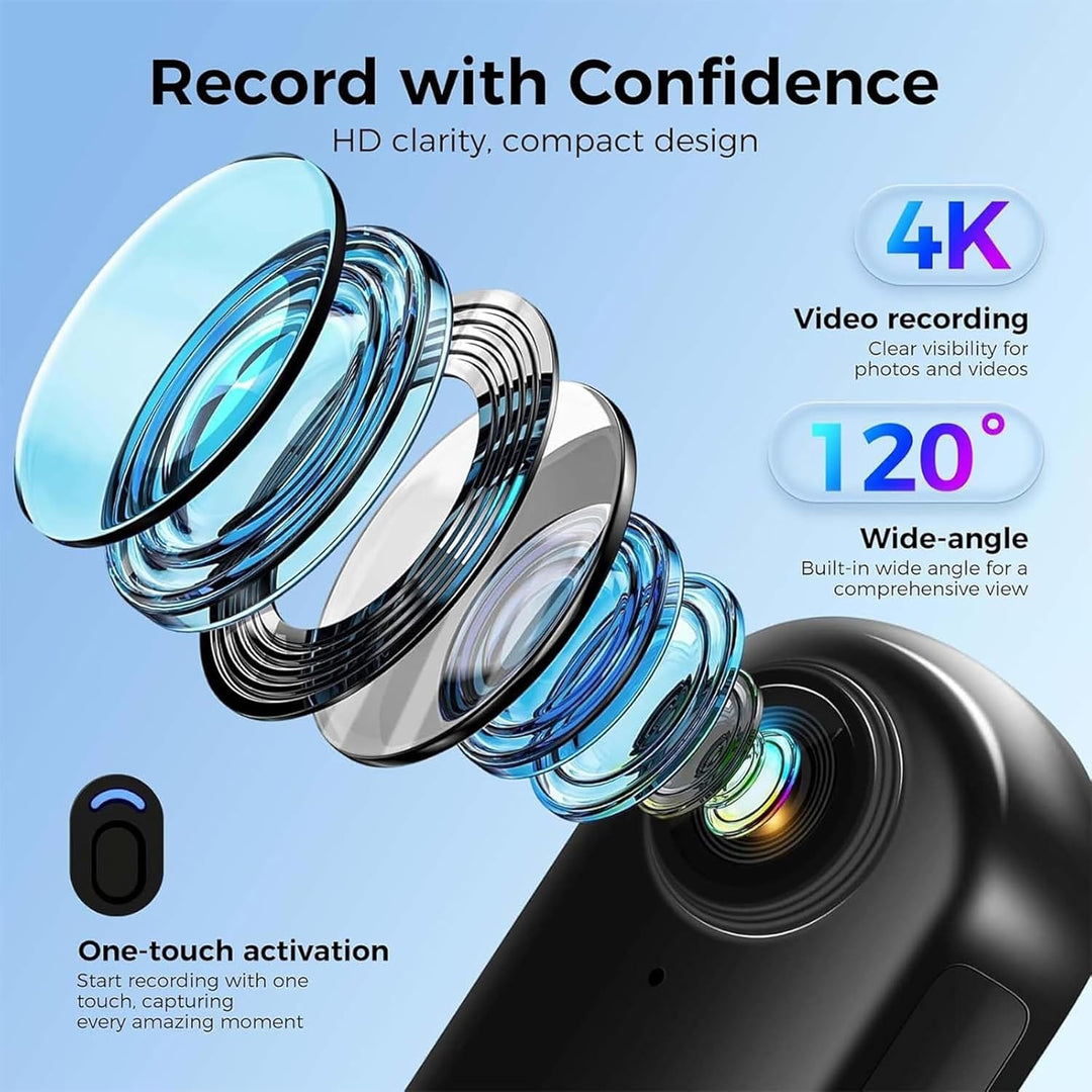 Mini Action Cam 4K,Tragbare Kamera mit 360° Drehbarem Clip und Magnetclip,Wasserdichter 4K-Körperkam