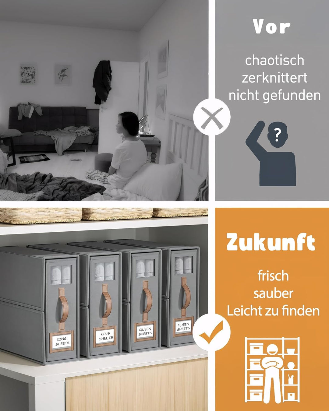 6er Set Bettwäsche Organizer Box - Faltbare Aufbewahrungsbox Bettwäsche mit Sichtfenster & Etikett,