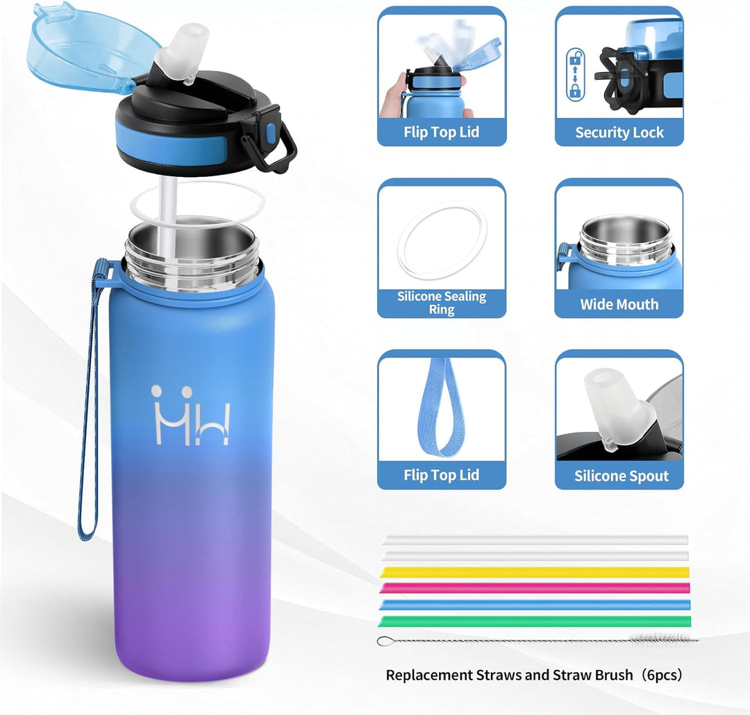 Thermosflasche Edelstahl 750ml, Trinkflasche Sport mit Strohhalm, Isolierflasche Doppelwandig, BPA-F