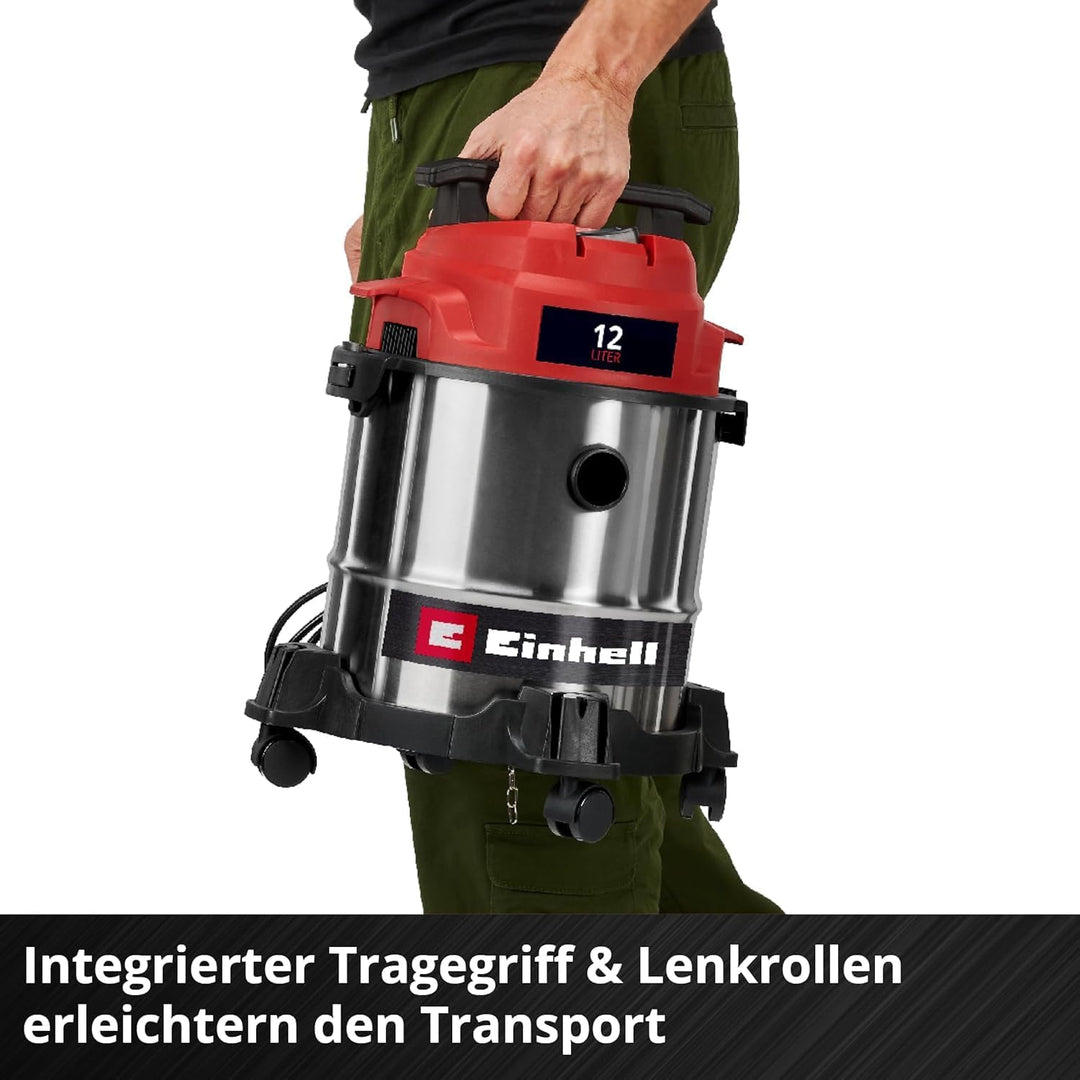 Einhell Nass-Trockensauger TC-VC 1240 S | 950 W | 180 mbar | 4 Lenkrollen | 12-L-Behälter | inkl. Fu