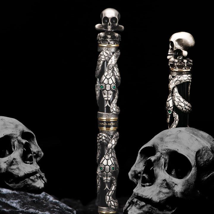 Jinhao Füllfederhalter, Schwarz, mittlere Feder, Retro-Stil, mit Totenkopfkopf, massives Metall und
