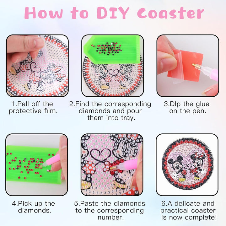 8 Stück Diamant Malerei Untersetzer mit Halter, DIY Mickey Minnie Malsets für Erwachsene und Kinder