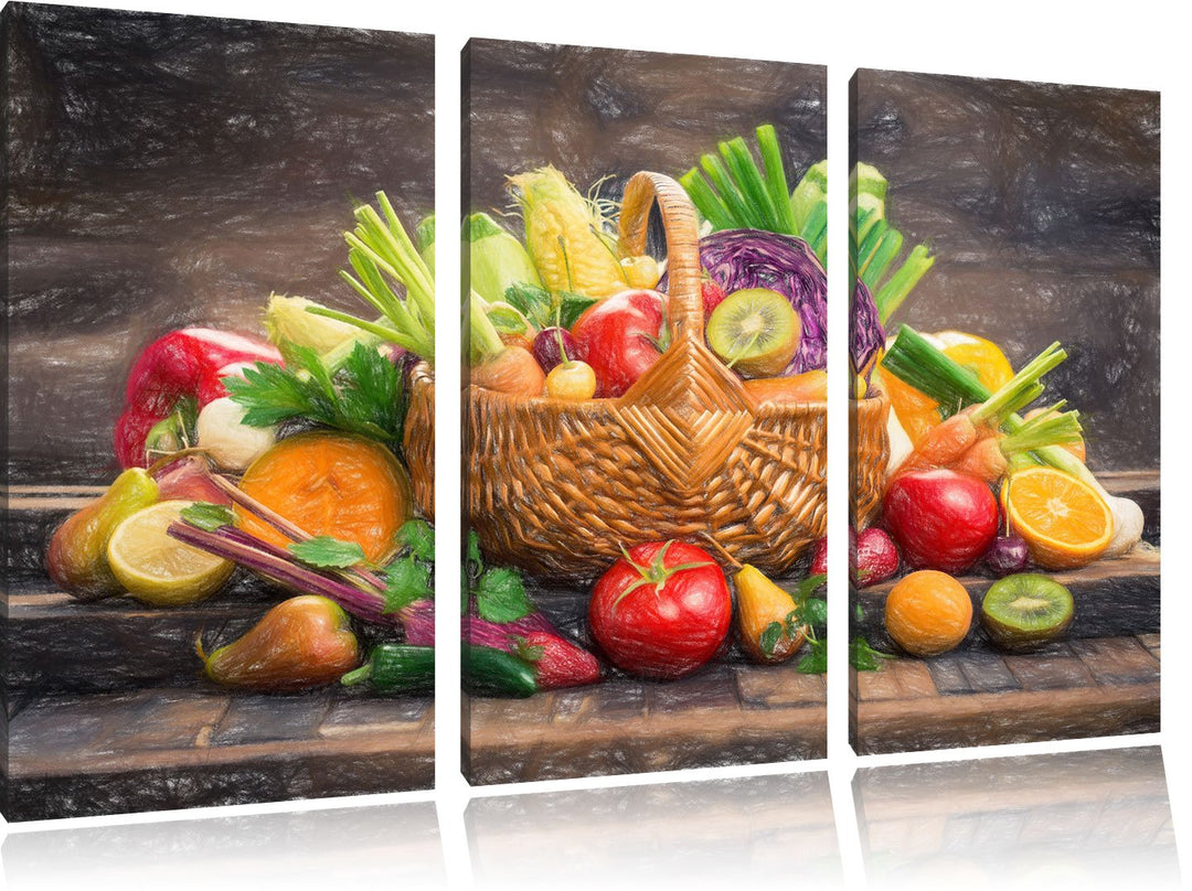 Pixxprint Frisches Obst und Gemüse im Korb als Leinwandbild/Grösse: 3 Teilig (120x80 cm) cm/Wandbild