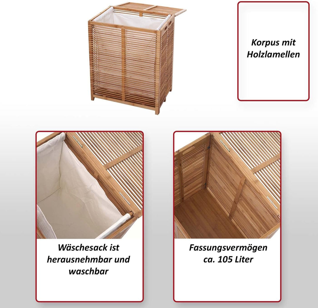 Wäschetruhe HWC-B18, Wäschebox Wäschekorb Wäschesammler, Bambus 61x50x35cm
