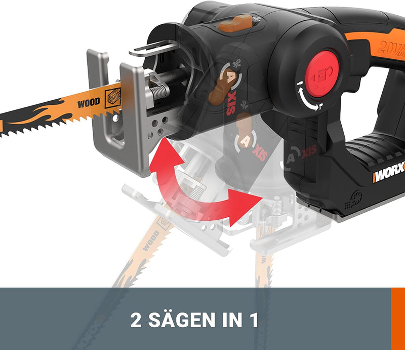 Worx WX550 Axis Akku-Multisäge – Profi Pendelhub-Stich- und Säbelsäge – Ideale 2 in 1 Säge für Holz,