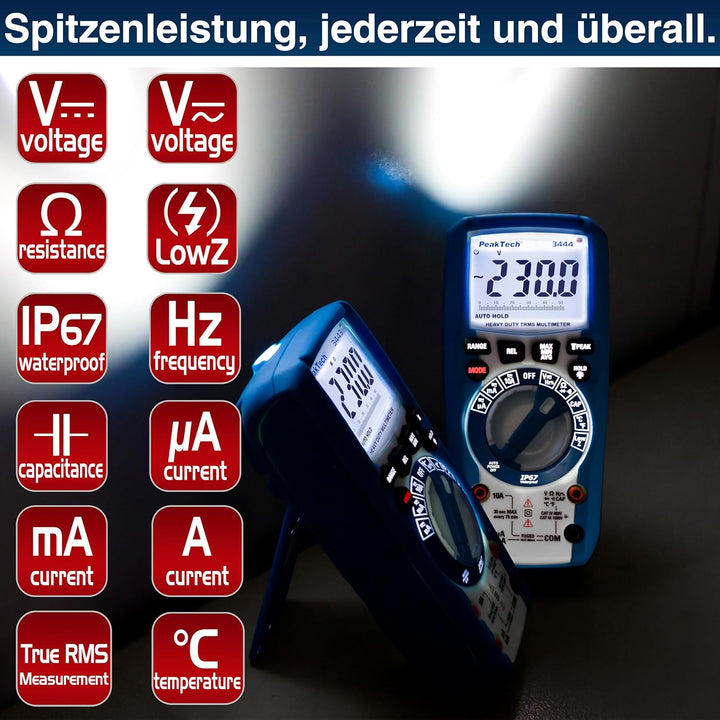 PeakTech 3444 – True RMS Digital Multimeter, Wasserdicht (IP67), 6000 Counts, Extrem Robustes Gehäus