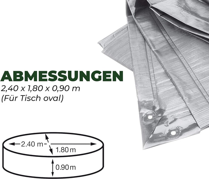 Rainexo Schutzhülle Hochreissfest für 1 Tisch oval, 2.40 x 1.80 x 0.90 m, silber / grau