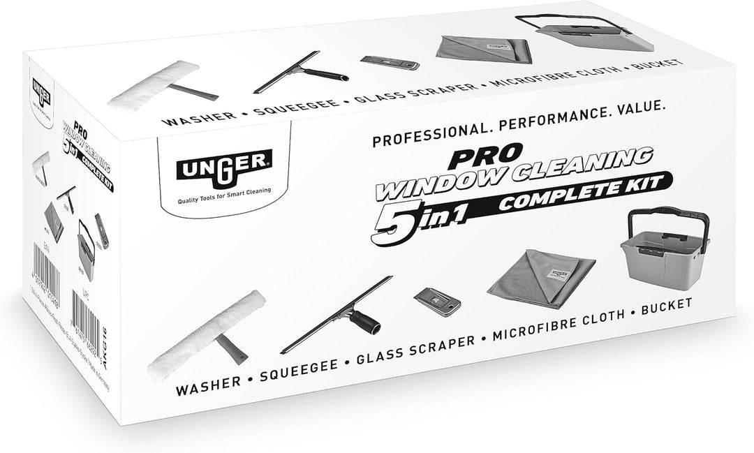 Unger PRO Komplett-Set 5in1 (inkl. Einwascher, Fensterwischer, Mikrofasertuch, Sicherheitsschaber, E