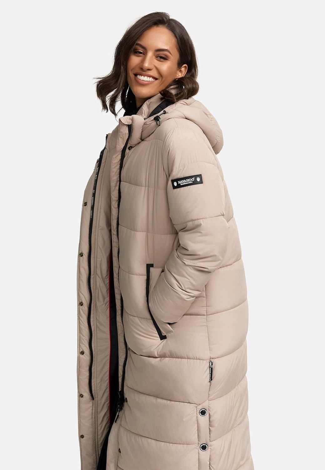 Navahoo Damen Wintermantel warmer Steppmantel lang mit abnehmbarer Kapuze Isalie XS-3XL XXL Taupe, X