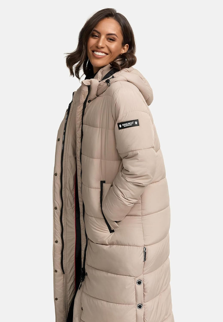 Navahoo Damen Wintermantel warmer Steppmantel lang mit abnehmbarer Kapuze Isalie XS-3XL XL Taupe, XL