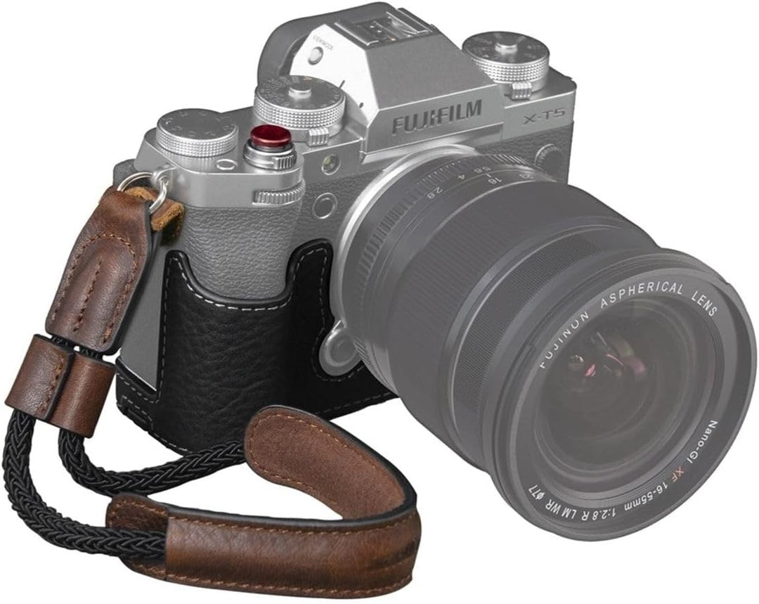SMALLRIG X-T5 Half Case mit Handschlaufe und Auslöser, Kameratasche aus braunem Leder im Retro-Stil