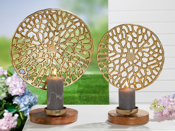 GILDE Deko Kerzenhalter Leuchter aus Aluminium und Holz - für Stumpenkerzen Kerzen mit Ø 6,5 cm - Fa