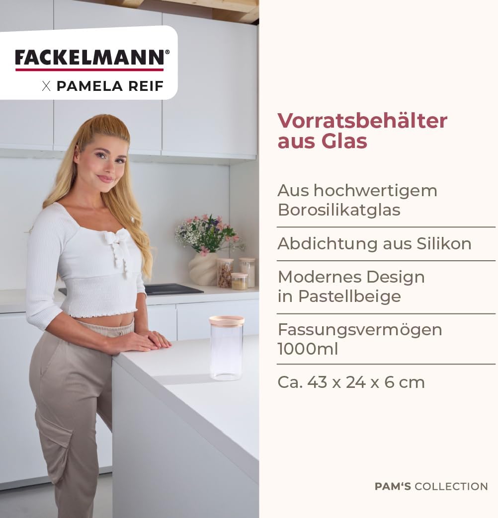 FACKELMANN x Pamela Reif Vorratsbehälter aus Glas – 4 Stück, 1000 ml, transparent mit pastellbeigem