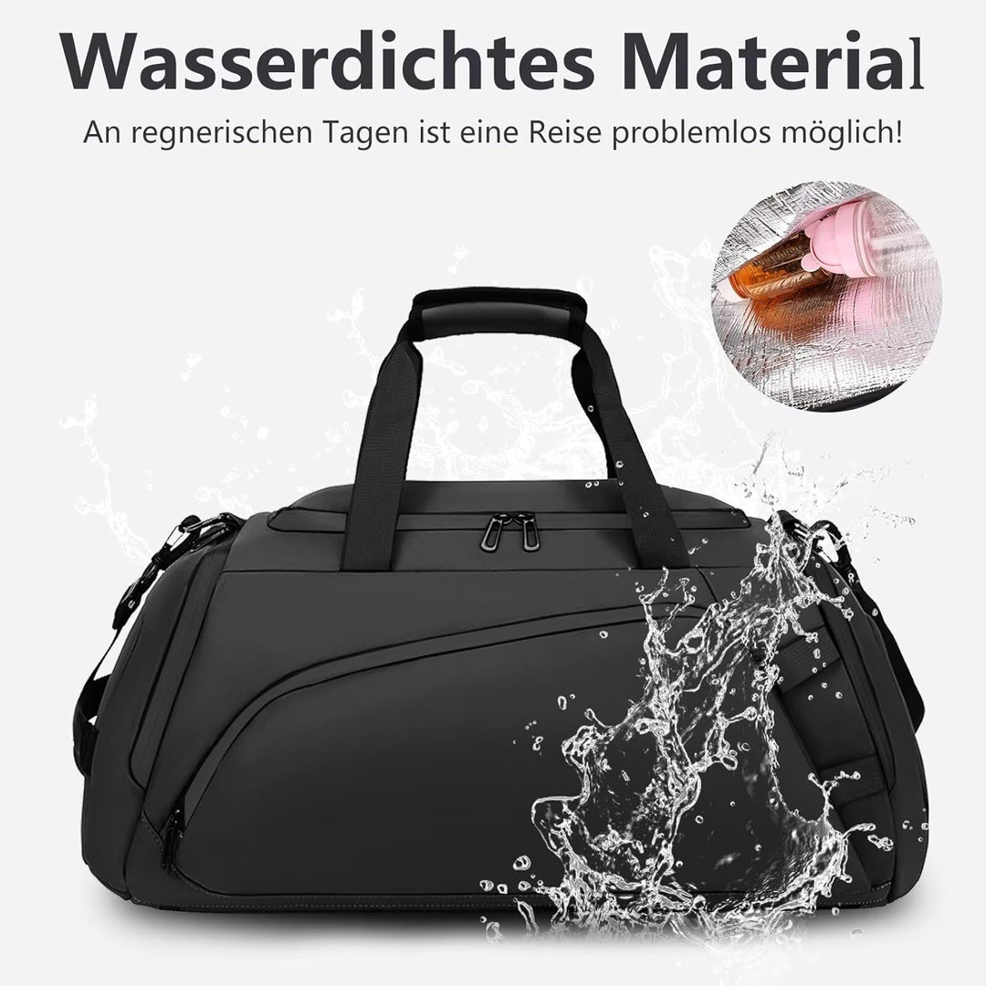 40L Sporttasche Herren Wasserdicht Schwarz Reisetasche Rucksack mit Schuhfach Nassfach Damen Duffel