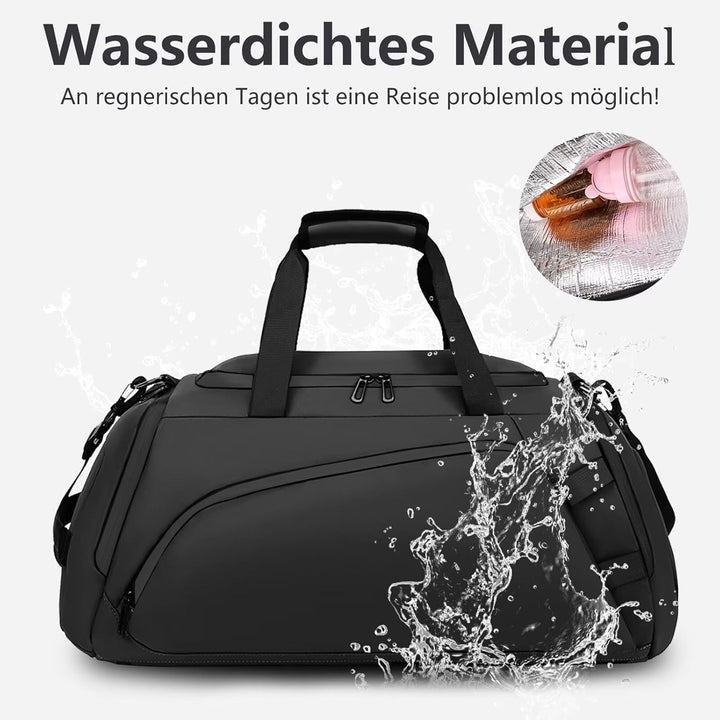 40L Sporttasche Herren Wasserdicht Schwarz Reisetasche Rucksack mit Schuhfach Nassfach Damen Duffel