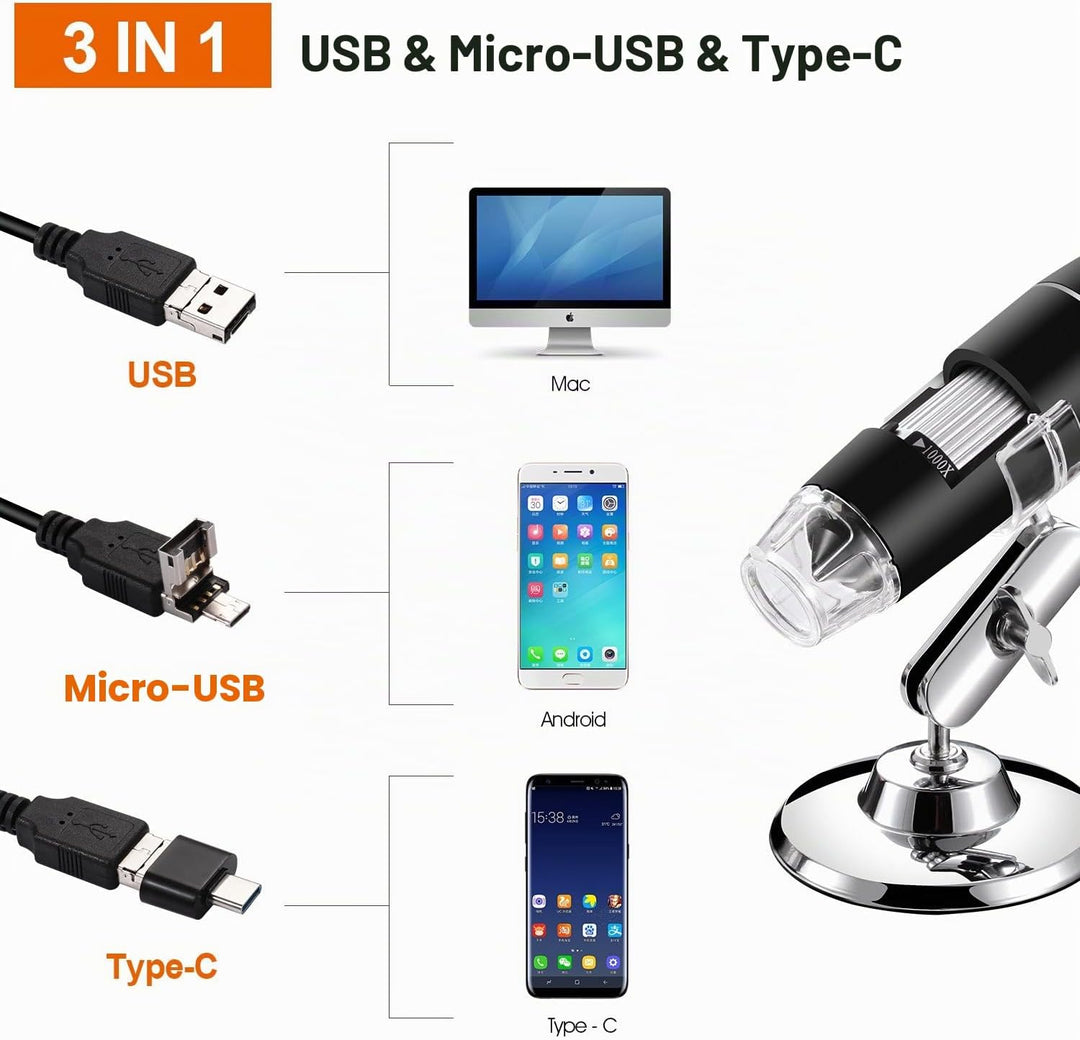 USB Digital Mikroskop, Bysameyee Handheld 40X-1000X Vergrösserung Endoskop, 8 LED Mini Videokamera f
