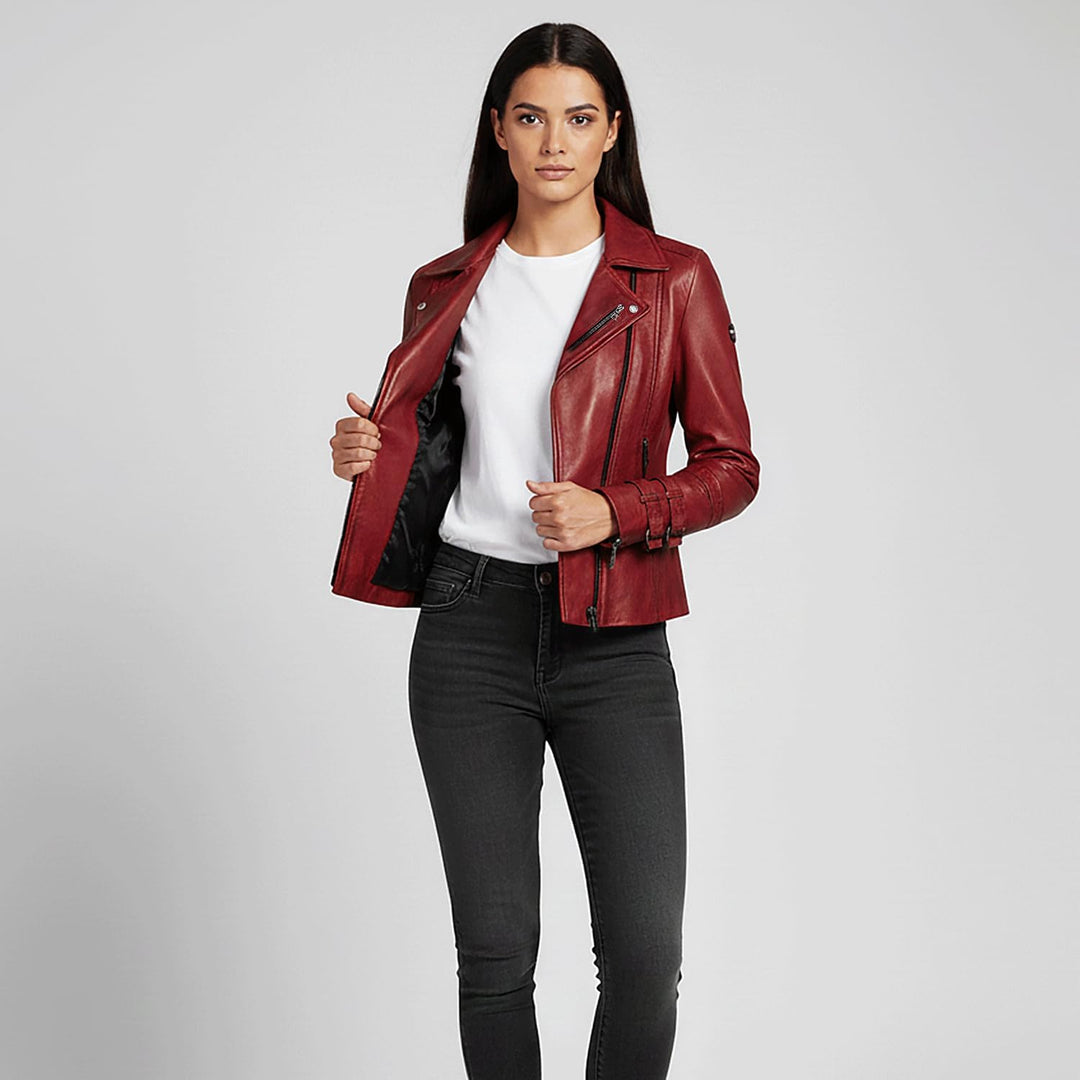 Poula Damen Lederjacke - Modernen Biker-Look - Echt Leder Jacke Rot Tailliert mit Reverskragen aus f