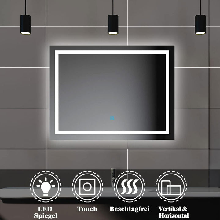 Biubiubath Badspiegel mit Beleuchtung,80x60cm LED Wandspiegel mit Touch-Schalter,Beschlagfrei,Badezi