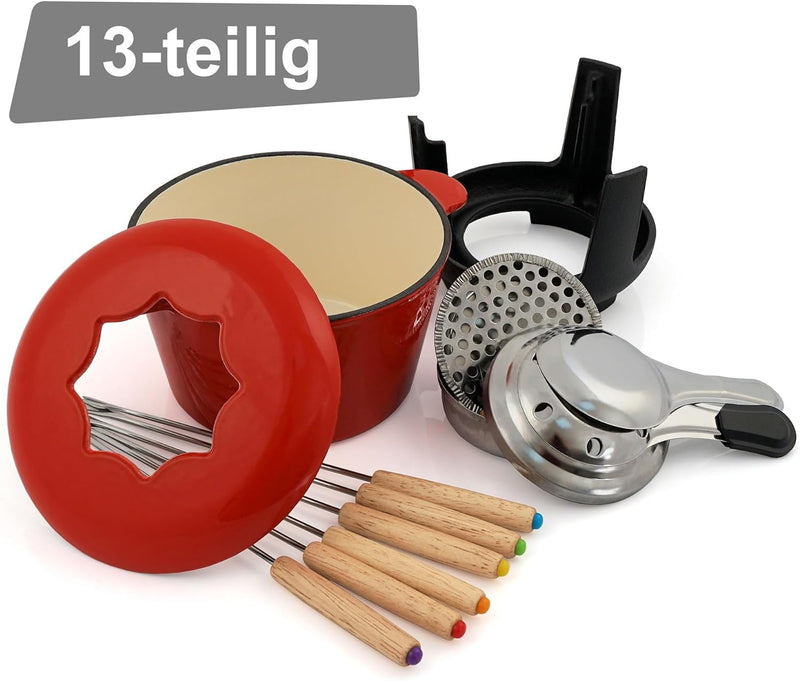 BBQ-Toro Gusseisen Fondue Set für 6 Personen | 1 Liter | Fondueset 13 teilig mit Brenner und Gabeln