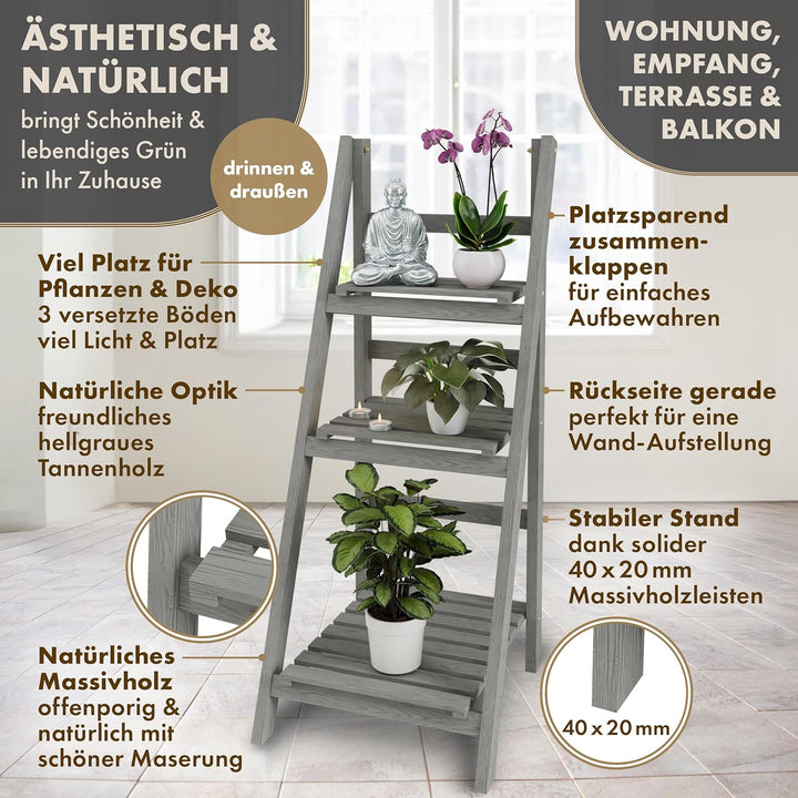 Blumenleiter Flower Ladder M 108x41x40cm hellgrau - 3-Ebenen Natur Holz Leiterregal Blumentreppe Blu